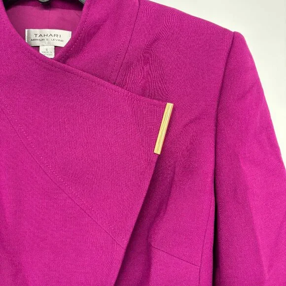 Tahari ASL Women's Asymmetric Envelope-Collar Lined Wrap Jacket Magenta 6 NWT - Picture 5 of 6